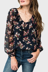 Blouson Sleeve V-Neck Top with Ruffle Trim