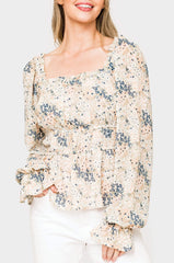 Front of women wearing the Square Neck Smocked Waist Long Sleeve Blouse
