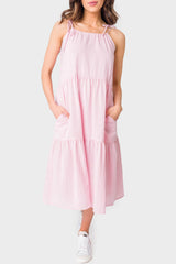 Front of Woman wearing Washed Rose Adjustable Drawstring Tiered Midi Dress