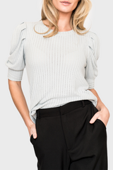 Pointelle Rib Sweater with Pleated Puff Sleeve