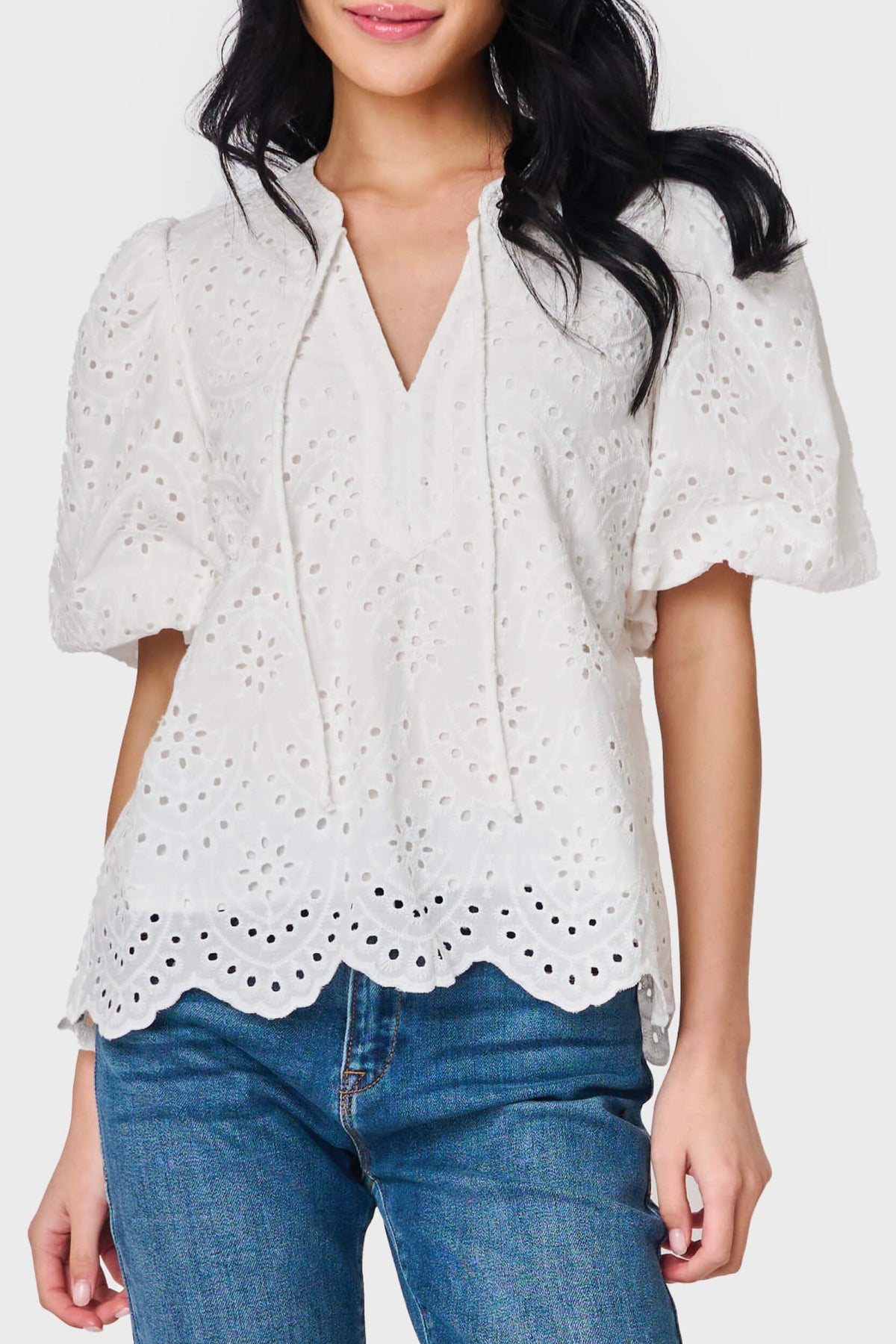 Bubble Sleeve Split Neck Top