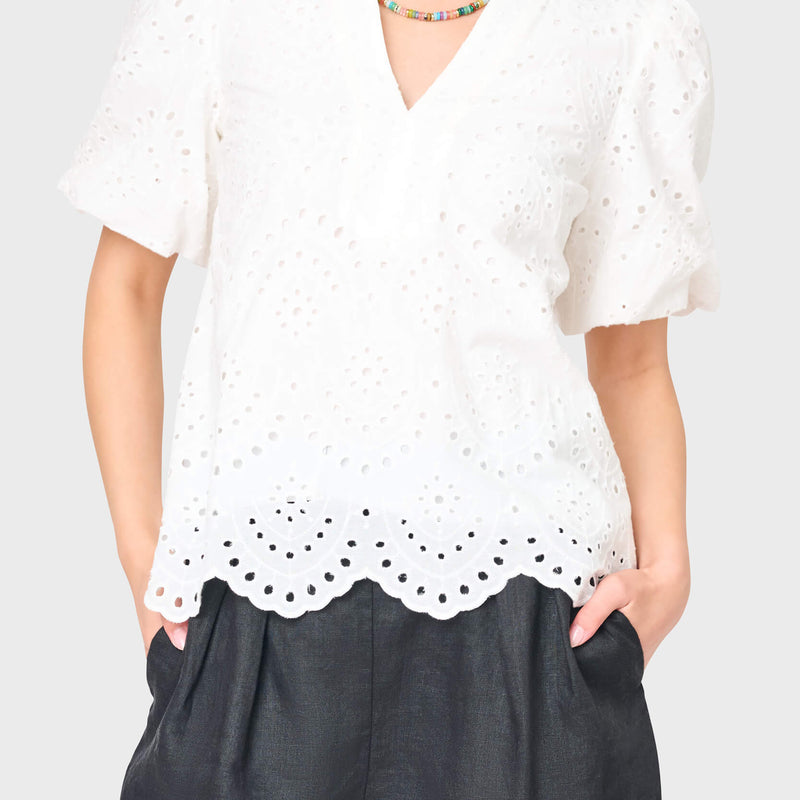 Bubble Sleeve Split Neck Eyelet Top