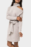 Mock Neck Ribbed One Shoulder Cut Out Knit Dress