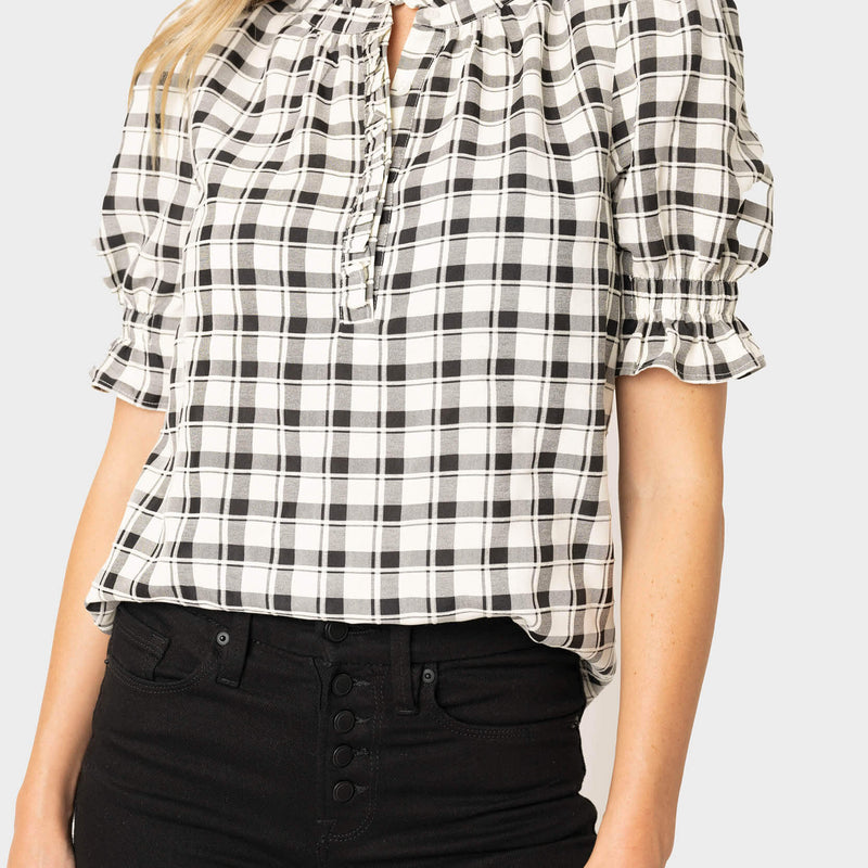 Front of women wearing the Ruffle Placket Dianthus II Blouse