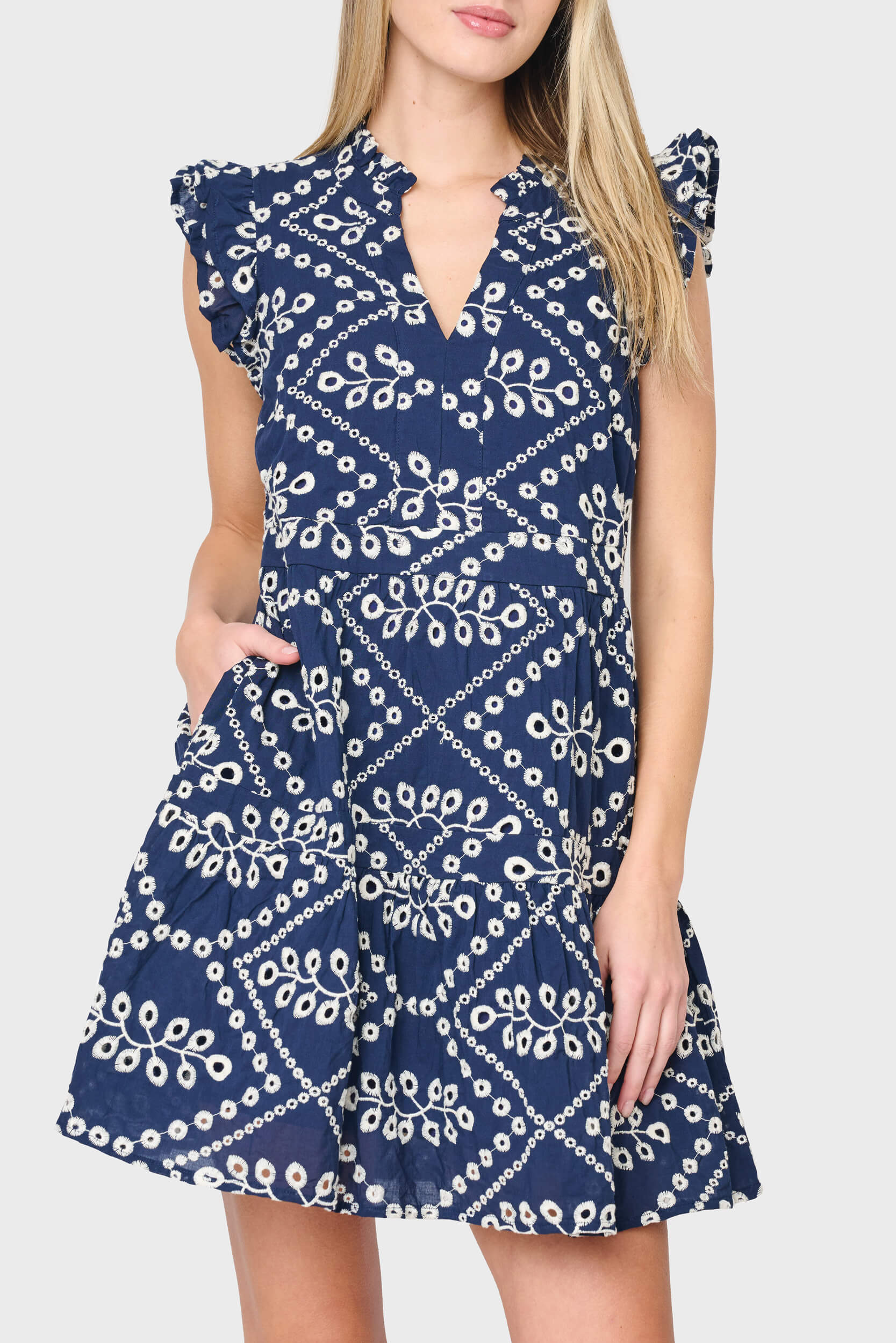 GIBSONLOOK Flutter Sleeve Cotton Eyelet Minidress in Navy Eyelet at Nordstrom, Size X-Large