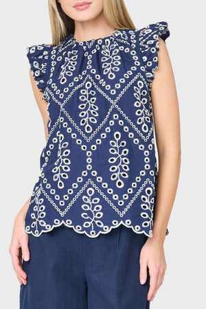 Flutter Sleeve Eyelet Top with Grosgrain Ribbon