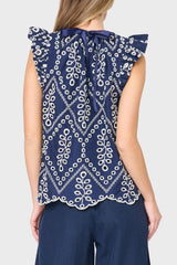 Flutter Sleeve Eyelet Top with Grosgrain Ribbon