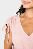 Close-up of women wearing the Rouched Sleeve Luxe V-Neck Tee in dusty rose