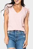 Front of women wearing the Rouched Sleeve Luxe V-Neck Tee in dusty rose