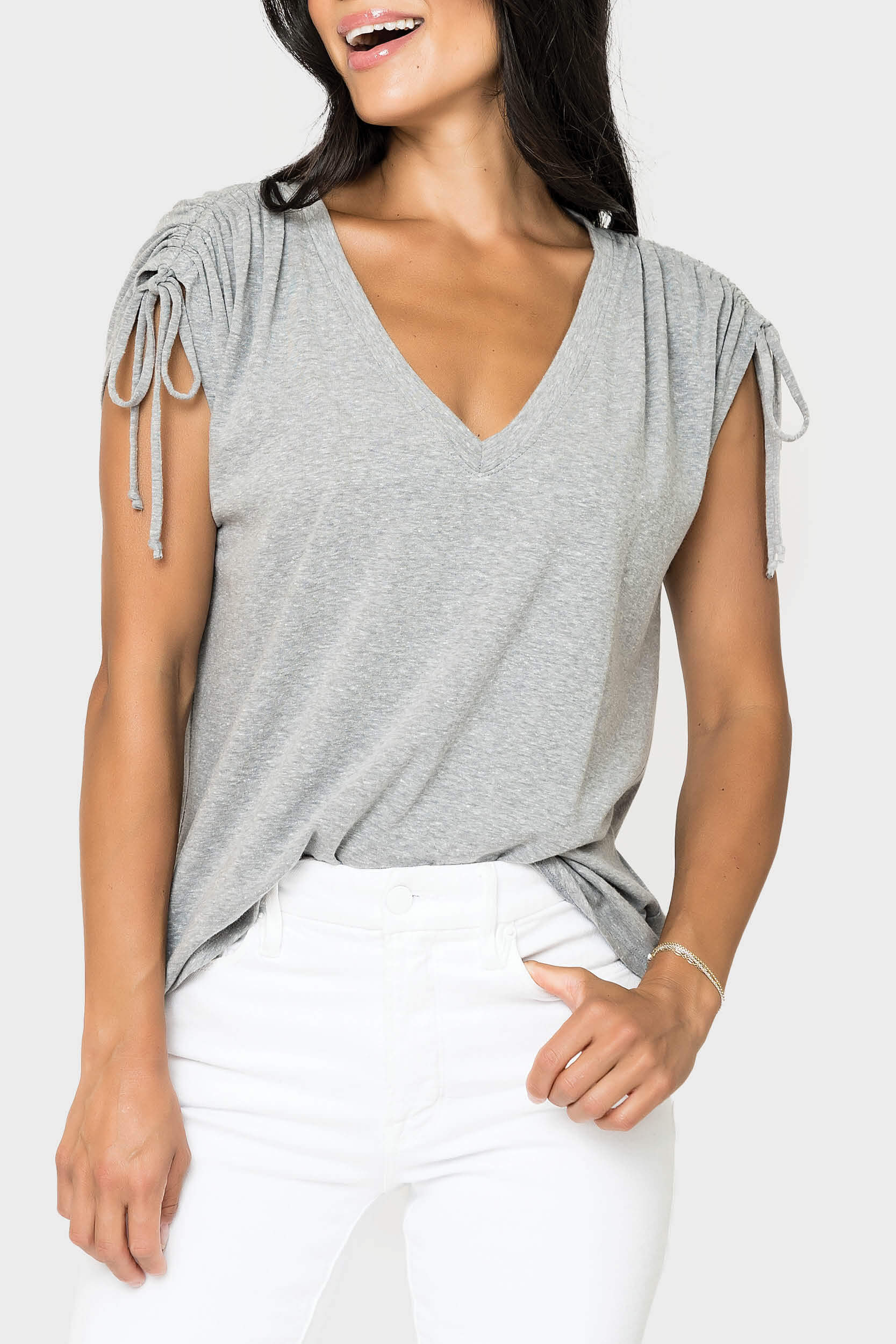 Front of women wearing the Rouched Sleeve Luxe V-Neck Tee in heather grey