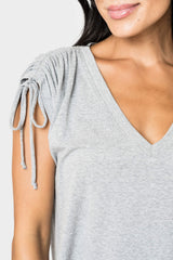 Close-up of women wearing the Rouched Sleeve Luxe V-Neck Tee in heather grey