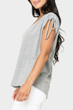 Side of women wearing the Rouched Sleeve Luxe V-Neck Tee in heather grey