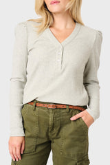 Woman modeling The Amelia Ribbed Henley Top in light grey heathered, styled business casual