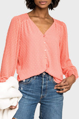 Pin Dot Smocked Detail V-Neck Blouse