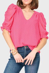 Rouched Sleeve Swiss Dot V-neck Blouse