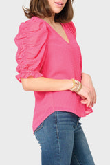 Rouched Sleeve Swiss Dot V-neck Blouse