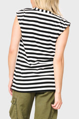 Back of Woman modeling The Favorite Luxe Essentials V-Neck Stripe Tee in Black White Stripe styled for casual weekend