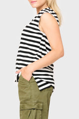 Side of Woman modeling The Favorite Luxe Essentials V-Neck Stripe Tee in Black White Stripe styled for casual weekend