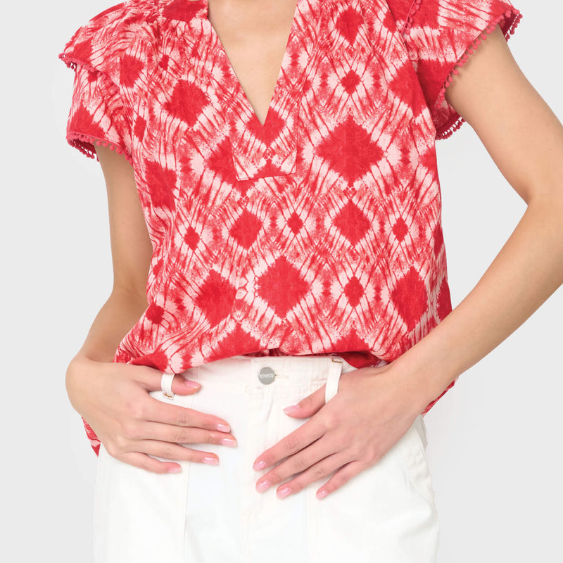 Notch Neck Trimmed Poplin Top