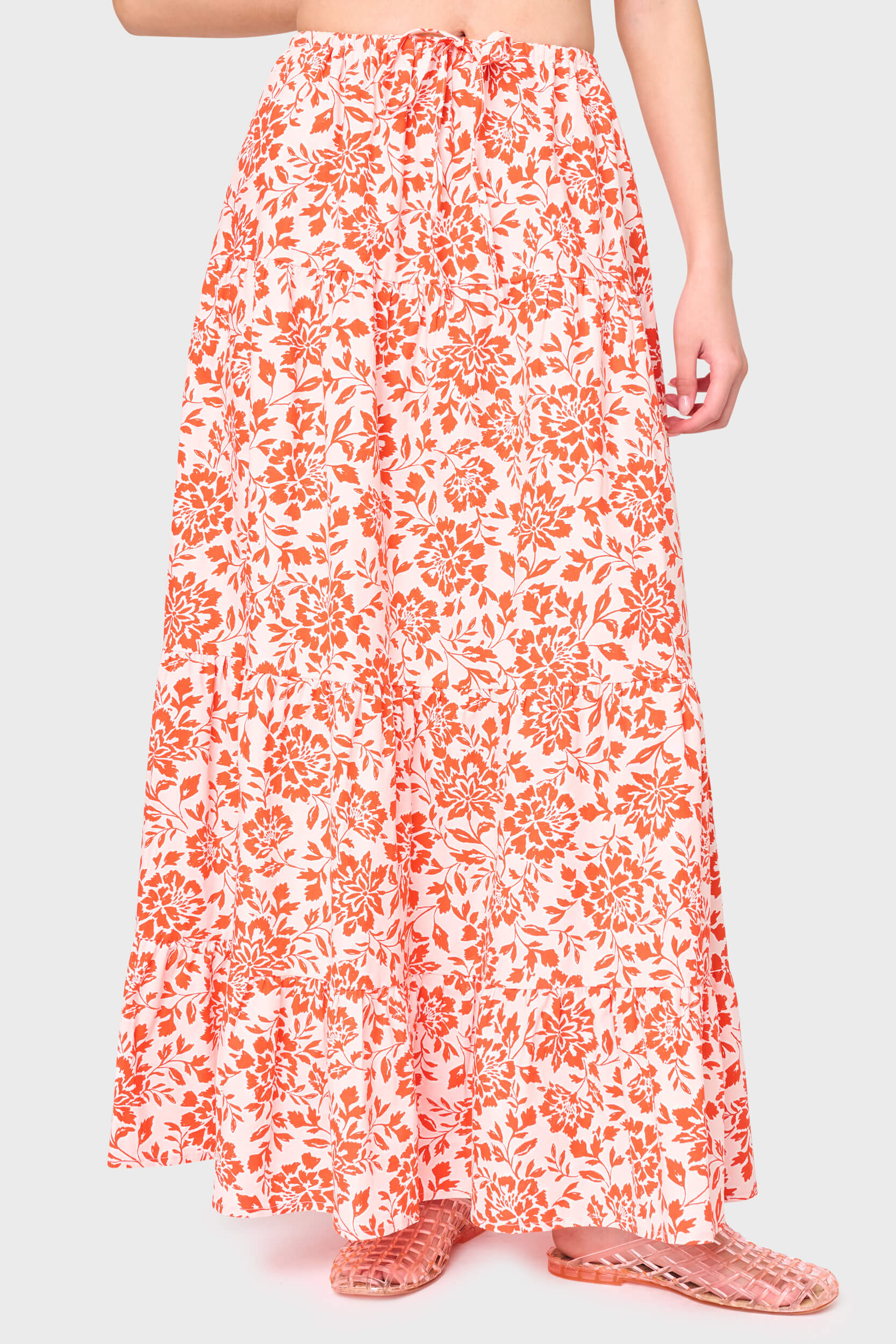 Blossom Haze tiered cotton poplin maxi skirt in coral floral print by Gibsonlook with drawstring waist