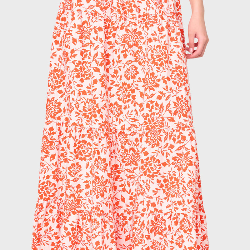 Blossom Haze tiered cotton poplin maxi skirt in coral floral print by Gibsonlook with drawstring waist