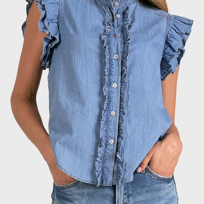 Elan Chambray Flutter Sleeve Top