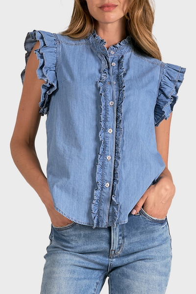 売れ筋商品|||エラン カットソー トップス レディース Women's Allure Cotton Flutter-Sleeve Frill-Hem Top Blue Allure Elan Chambray Flutter Sleeve Top – Gibsonlook