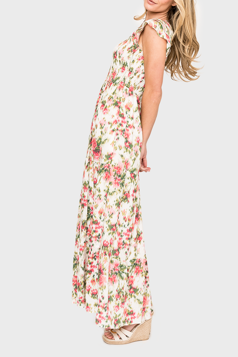 Flutter Sleeve Smocked V-Neck Tiered Maxi Dress – Gibsonlook