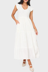 Flutter Sleeve Smocked V-Neck Tiered Maxi Dress