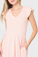 Flutter Sleeve Smocked V-Neck Tiered Maxi Dress