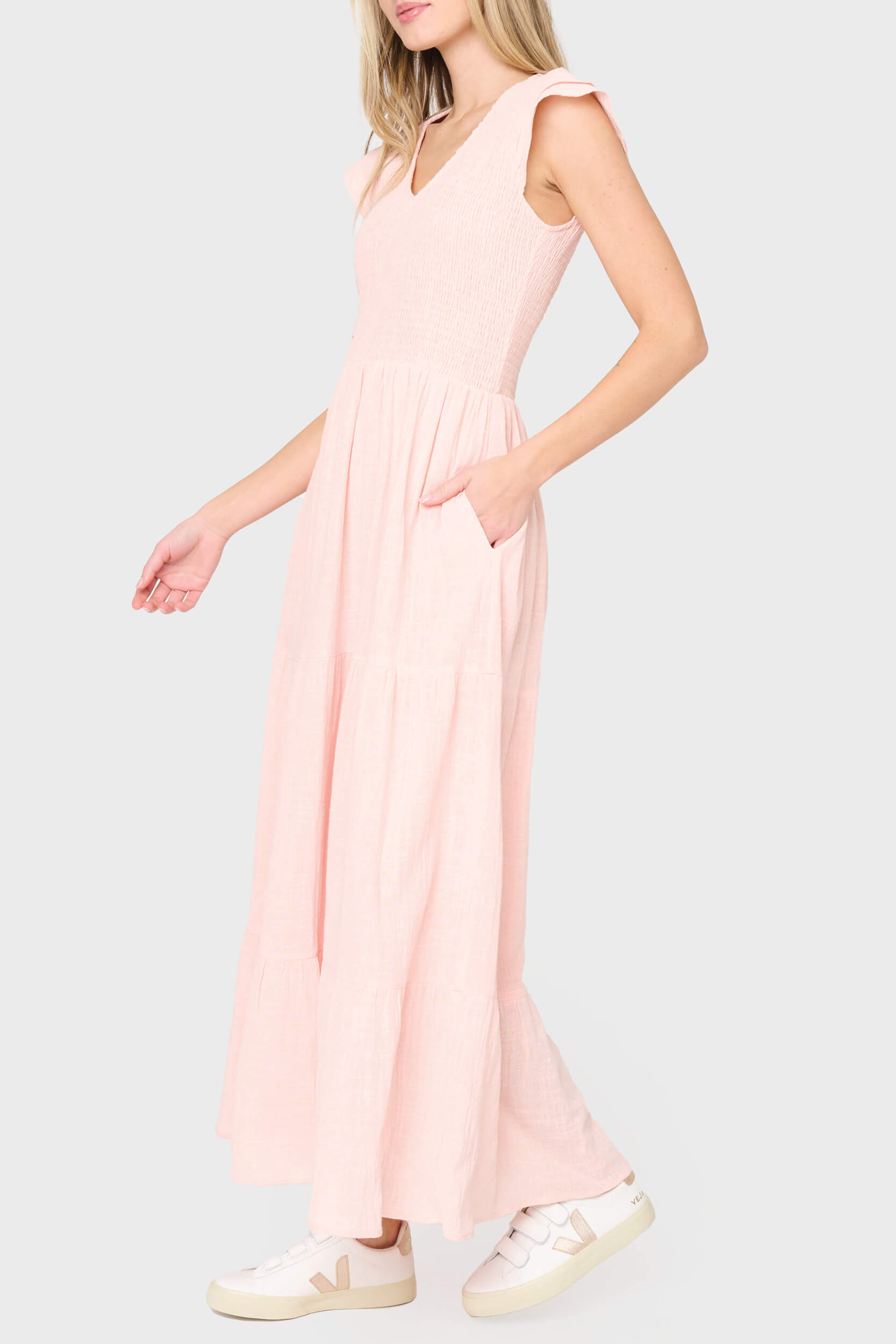 chinese dress ladies Pink Flutter Sleeve Smocked Maxi Dress | Tiered Cotton V-Neck Pale Blush / Xs
