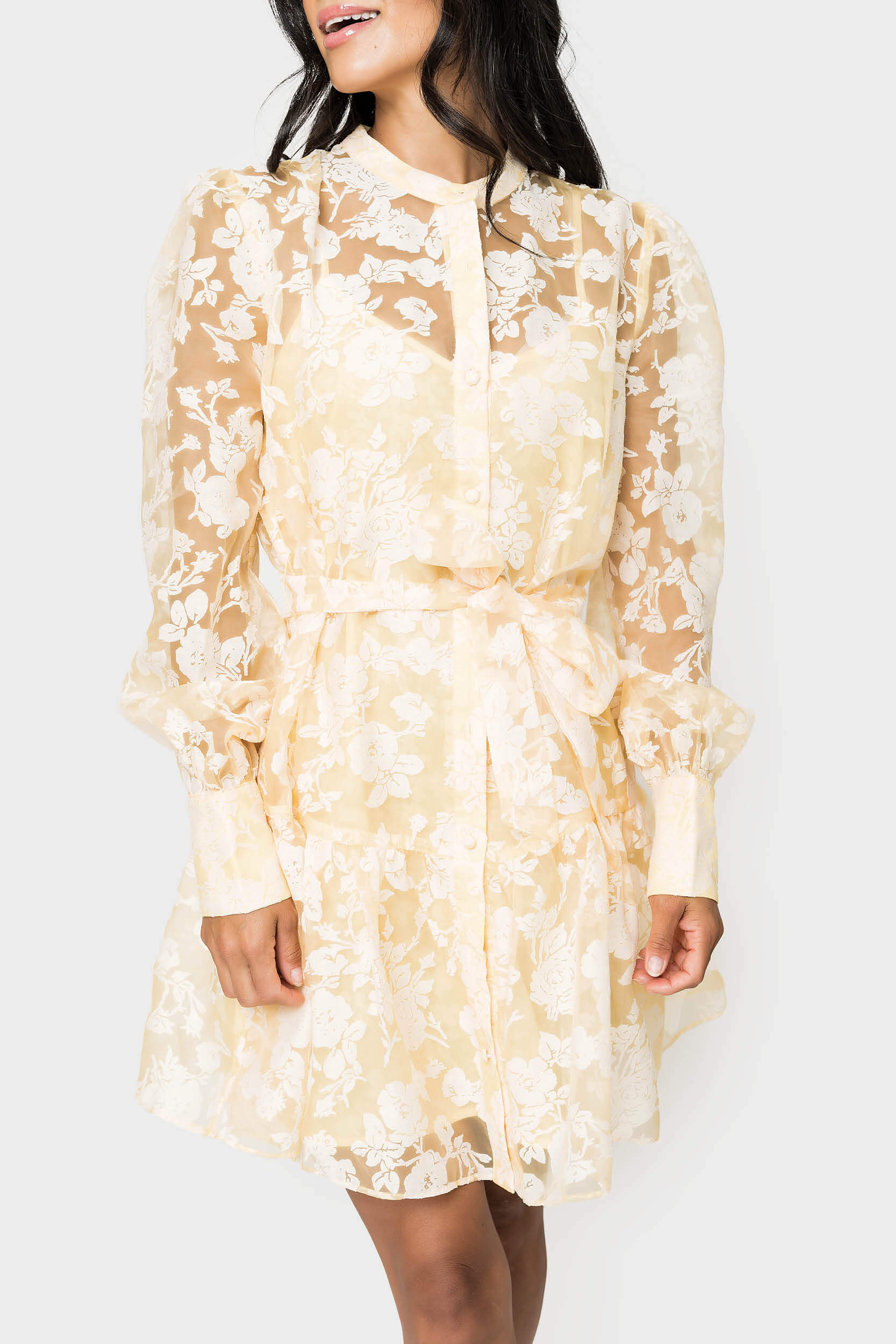 Front of women wearing the En Saison Marais Mini Dress in yellow