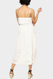 Back of women wearing the Elan Strappy Eyelet Tiered Midi Dress in white