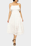 Front of women wearing the Elan Strappy Eyelet Tiered Midi Dress in white