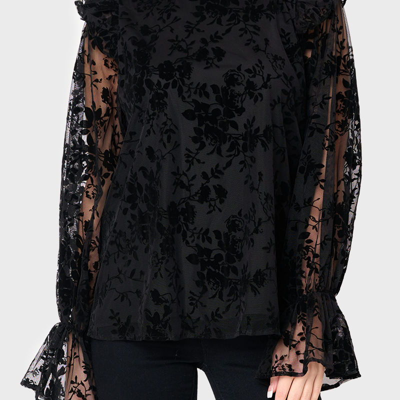 Long Puff Sleeve Ruffle Trim Blouse