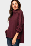 Front of Woman wearing Cowl Neck Blouson Sleeve Soft Luxe Sweater in Cranberry
