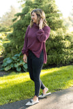Front of Woman wearing Cowl Neck Blouson Sleeve Soft Luxe Sweater in Cranberry