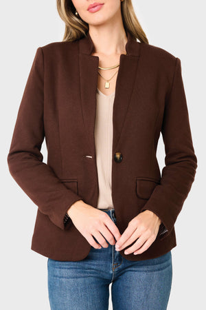 Woman modeling Notch Collar Blazer in Espresso chocolate brown, styled business casual