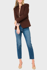Woman modeling comfy Notch Collar Blazer in Espresso chocolate brown, styled for work or travel