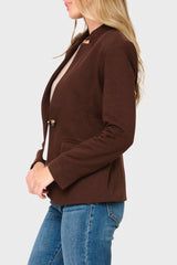 Side of Woman modeling Notch Collar stretch knit Blazer in Espresso chocolate brown