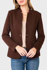 Woman modeling Notch Collar Blazer in Espresso chocolate brown, styled business casual