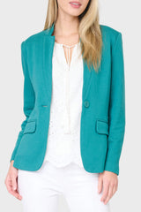 Woman modeling Notch Collar knit blazer in teal styled for work to weekend