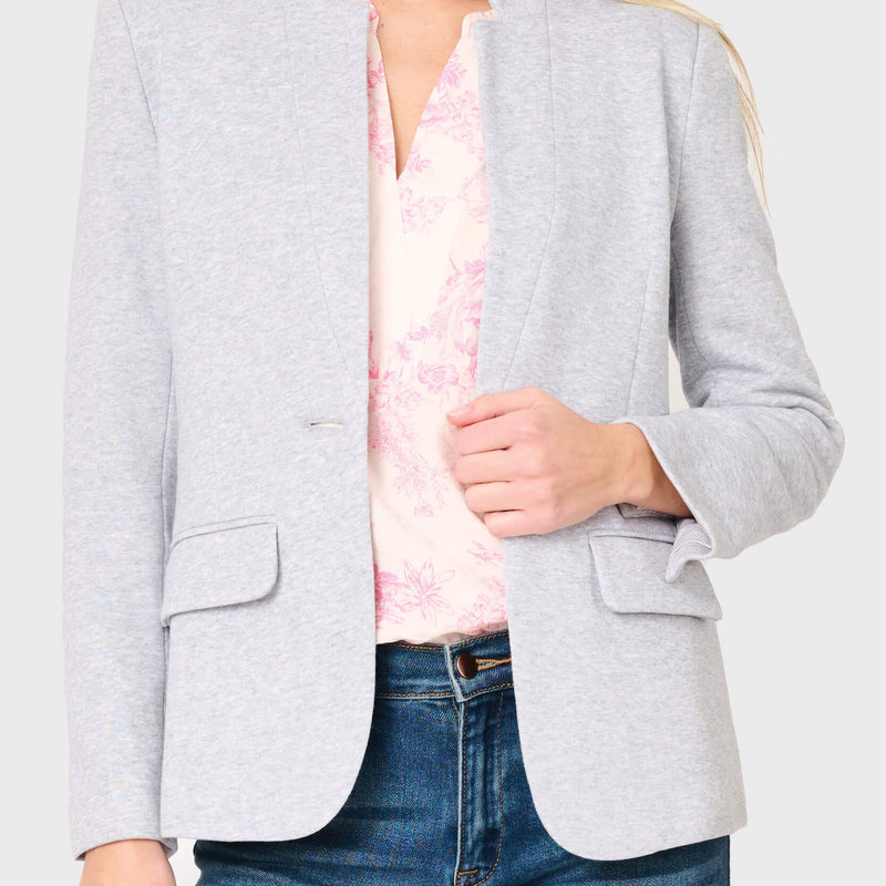 Woman modeling Notch Collar Blazer in Heather Grey styled for work and everday casual