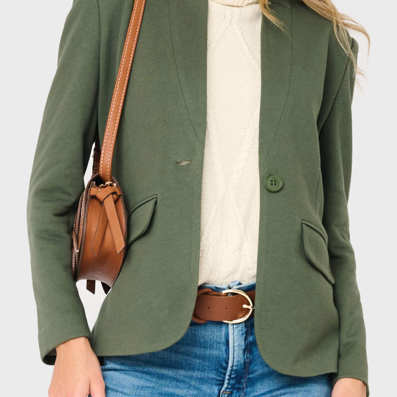 Woman modeling Notch Collar Knit Blazer in Military Green styled business casual for work with purse