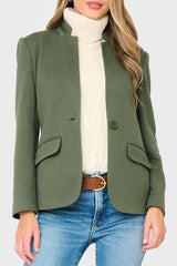 Woman modeling Notch Collar Knit Blazer in Military Green styled business casual for work
