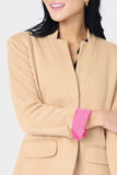 Close-up of Front of Woman wearing Notch Collar Blazer in Cappuccino