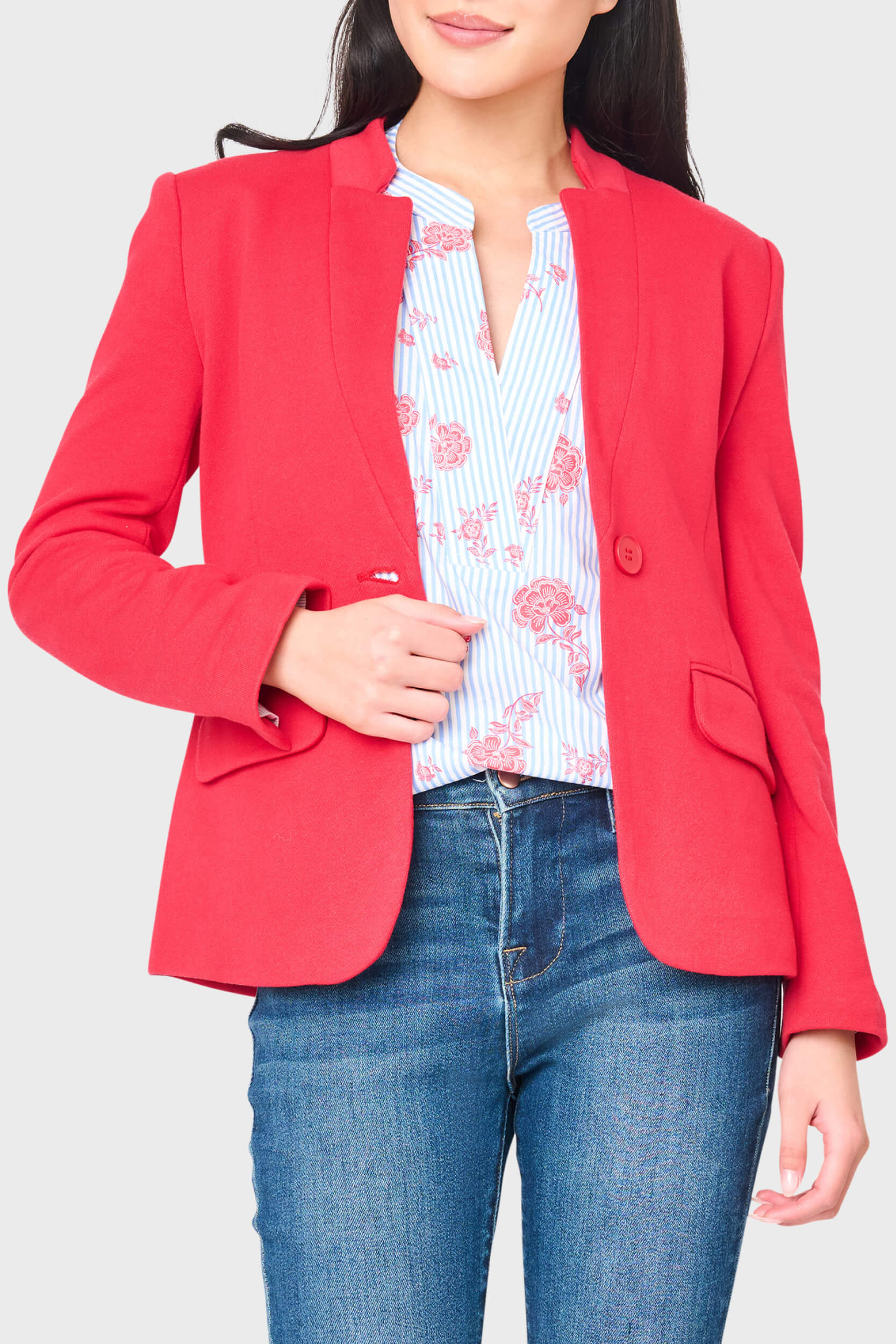 Woman modeling Notch Collar Blazer in Red Lipstick styled for work and weekends