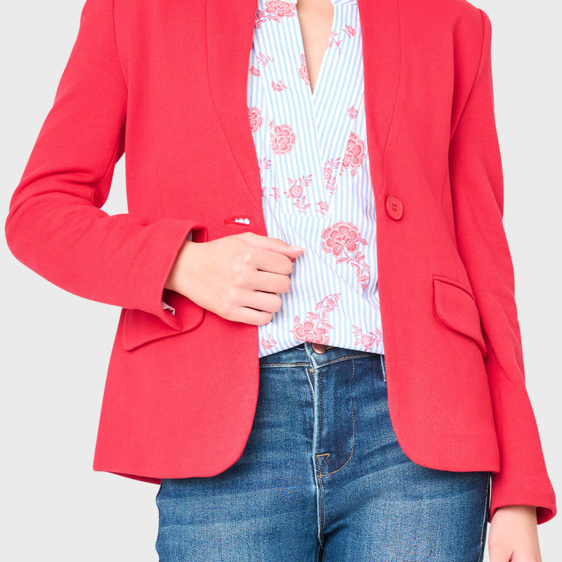 Woman modeling Notch Collar Blazer in Red Lipstick styled for work and weekends