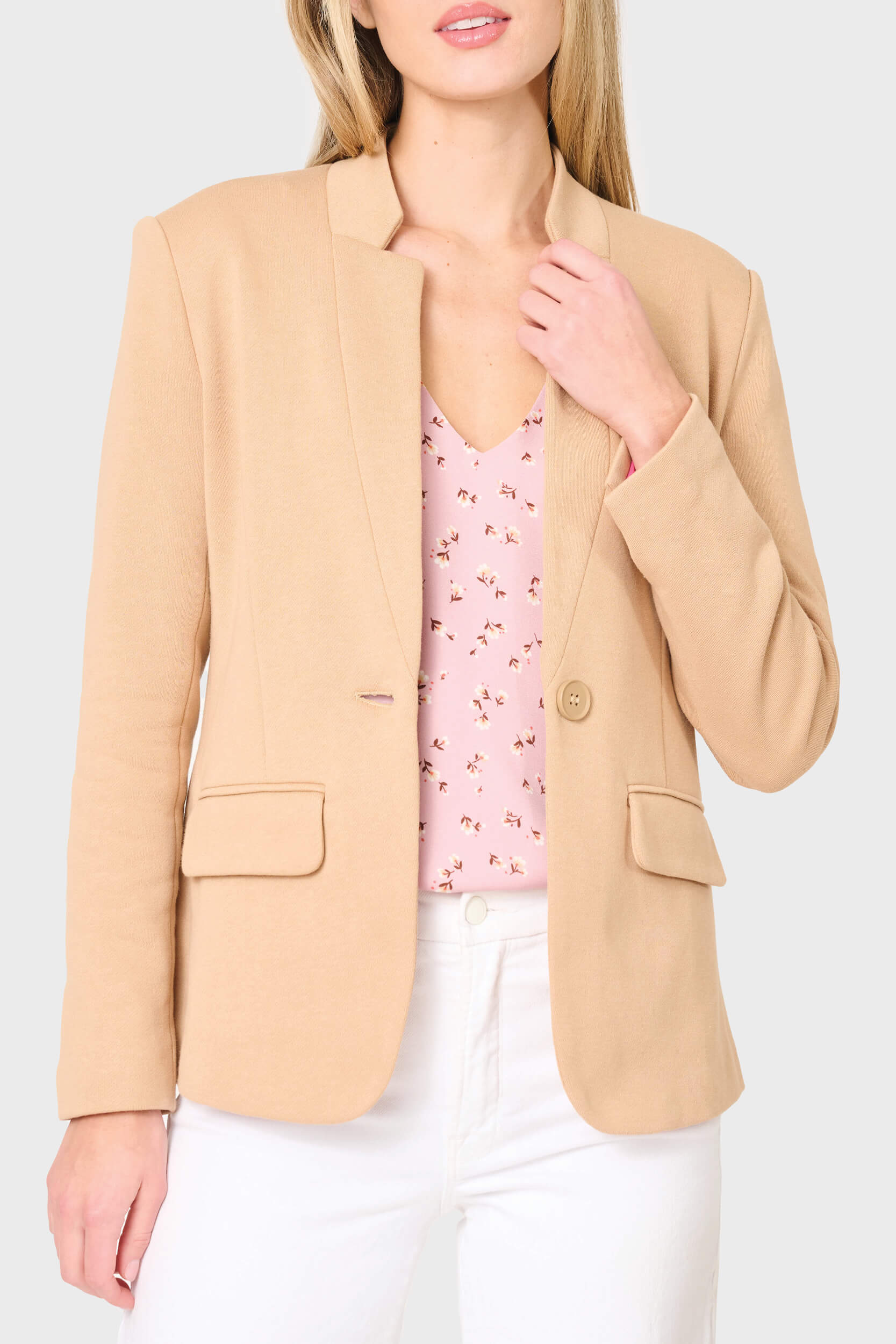 Woman modeling Notch Collar Blazer in Cappuccino beige brown styled for work and everyday