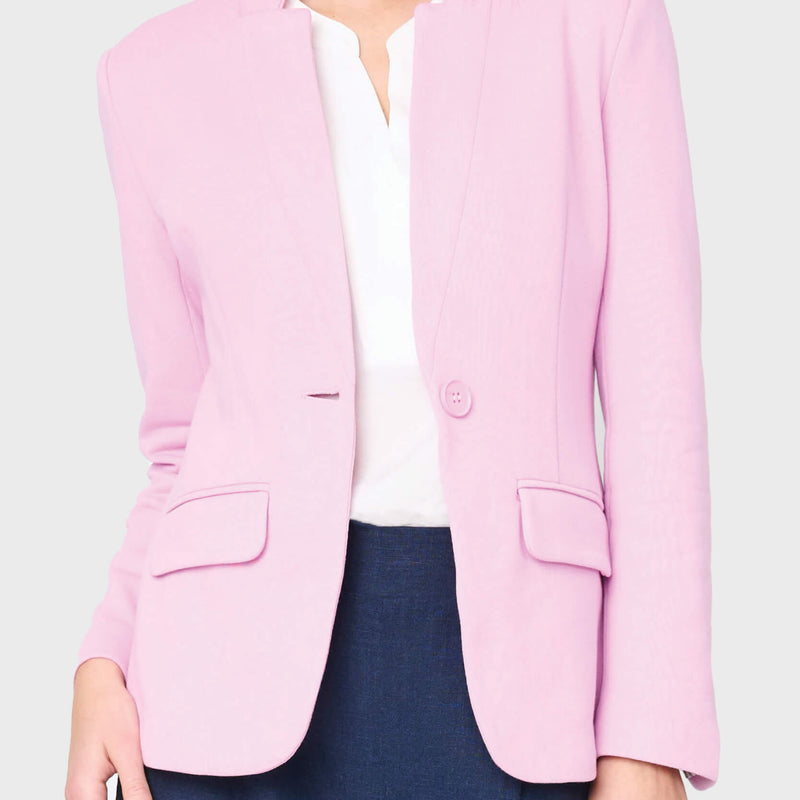 Woman modeling Notch Collar Blazer in pirouette pink styled for work to weekend